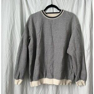 Vintage Men's Norm Thompson Sweater Large Cotton Stripe Cream Blue Y2K Fleece